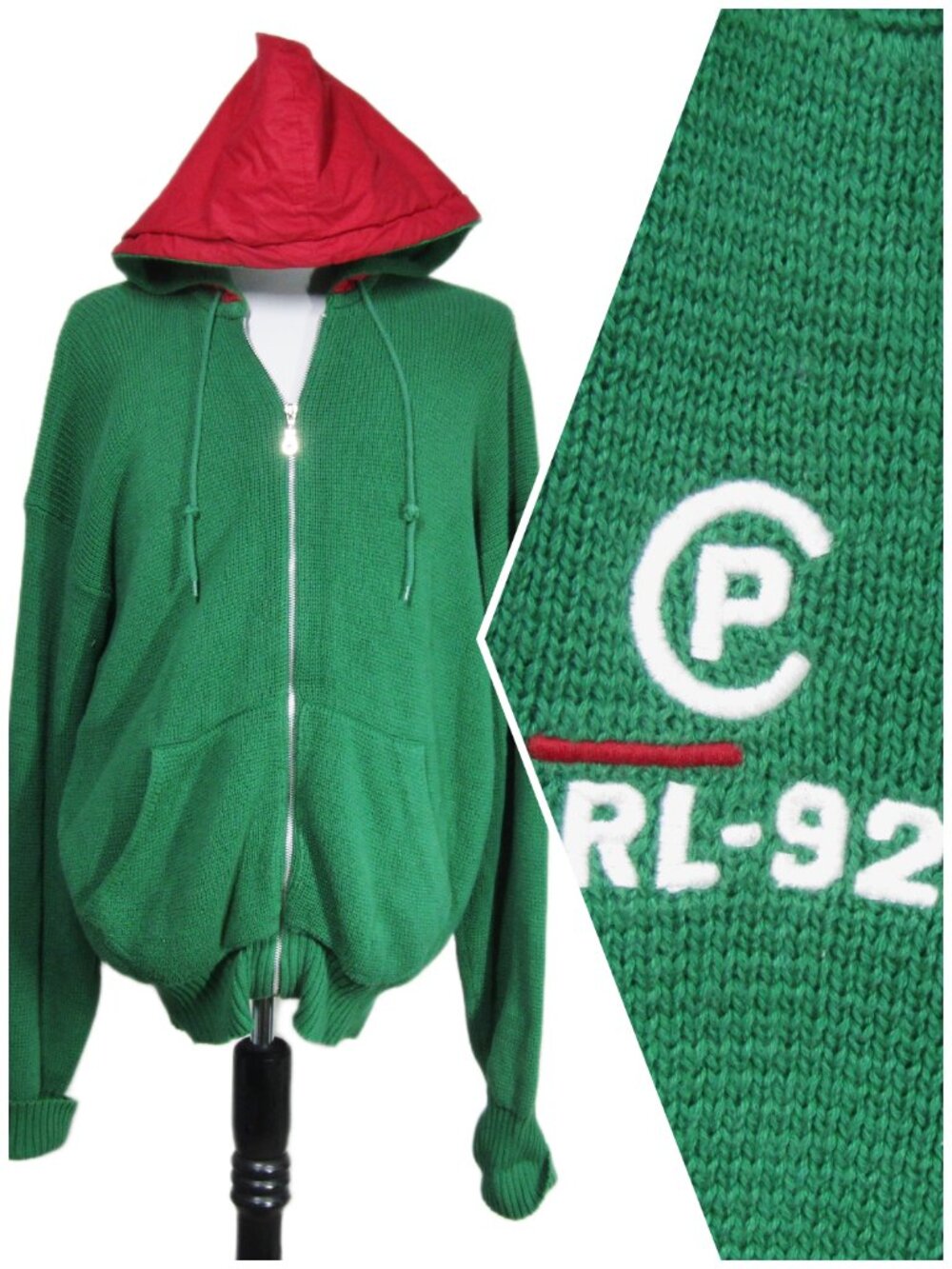 VTG Ralph Lauren P RL-92 Kelly Green Christmas Full Zip Knit Hoodie Streetwear L